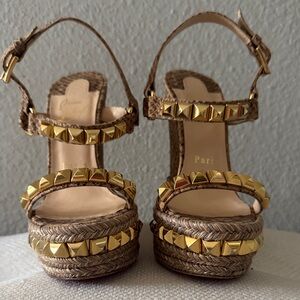 Christian Louboutin Woven Platform Studded Women’s Sandals - Beige/Gold
